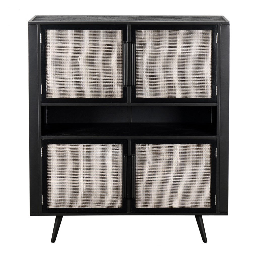 Modern Rustic Black Rattan Double Decker Accent Cabinet