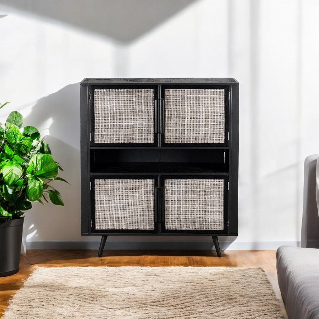 Modern Rustic Black Rattan Double Decker Accent Cabinet