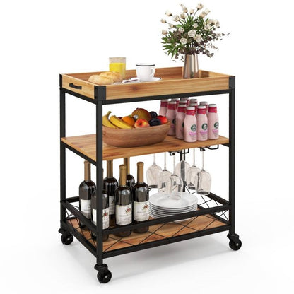 Modern Metal Wood Shelf Serving Bar Cart with Removable Top Tray