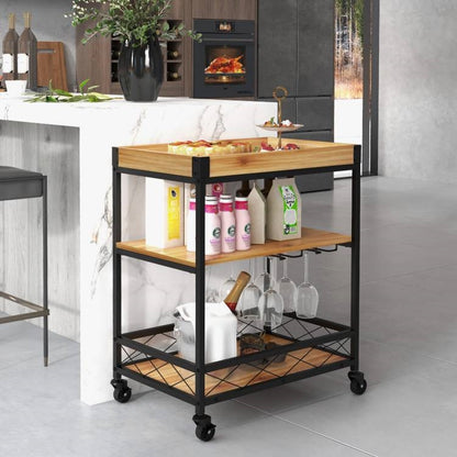 Modern Metal Wood Shelf Serving Bar Cart with Removable Top Tray