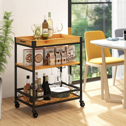 Modern Metal Wood Shelf Serving Bar Cart with Removable Top Tray