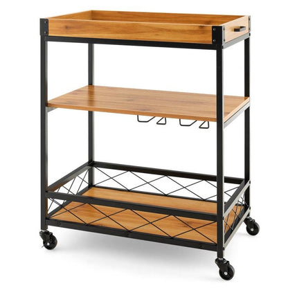 Modern Metal Wood Shelf Serving Bar Cart with Removable Top Tray