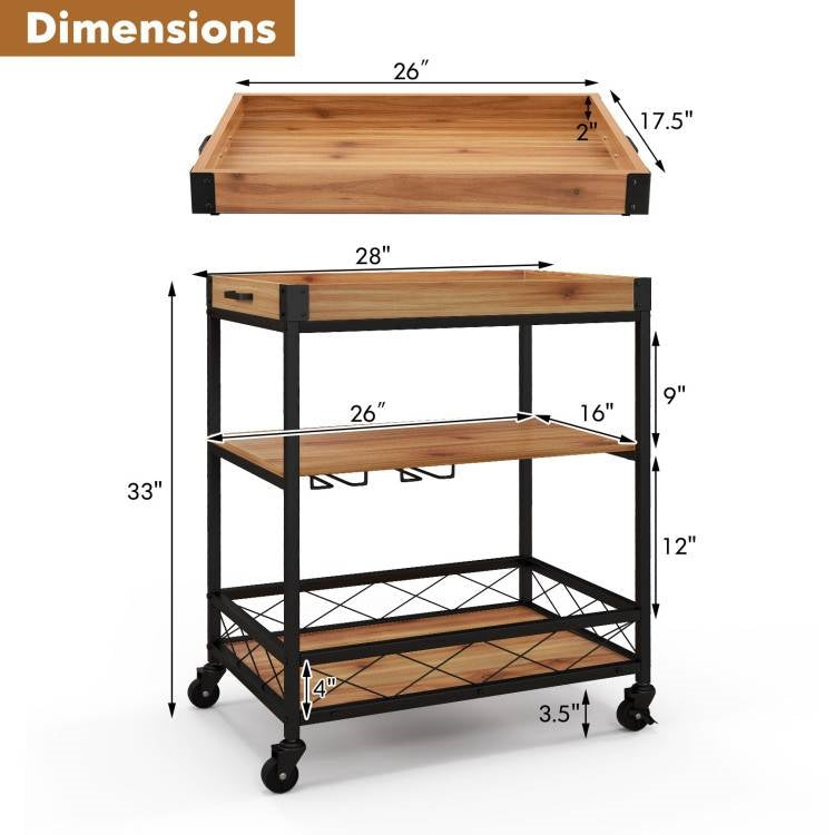 Modern Metal Wood Shelf Serving Bar Cart with Removable Top Tray